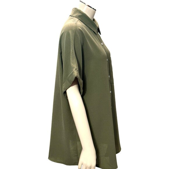 CCC Army Green Chic Henley Short Sleeve Button Up Lapel Shirt All Polyester XLGE - Picture 6 of 10